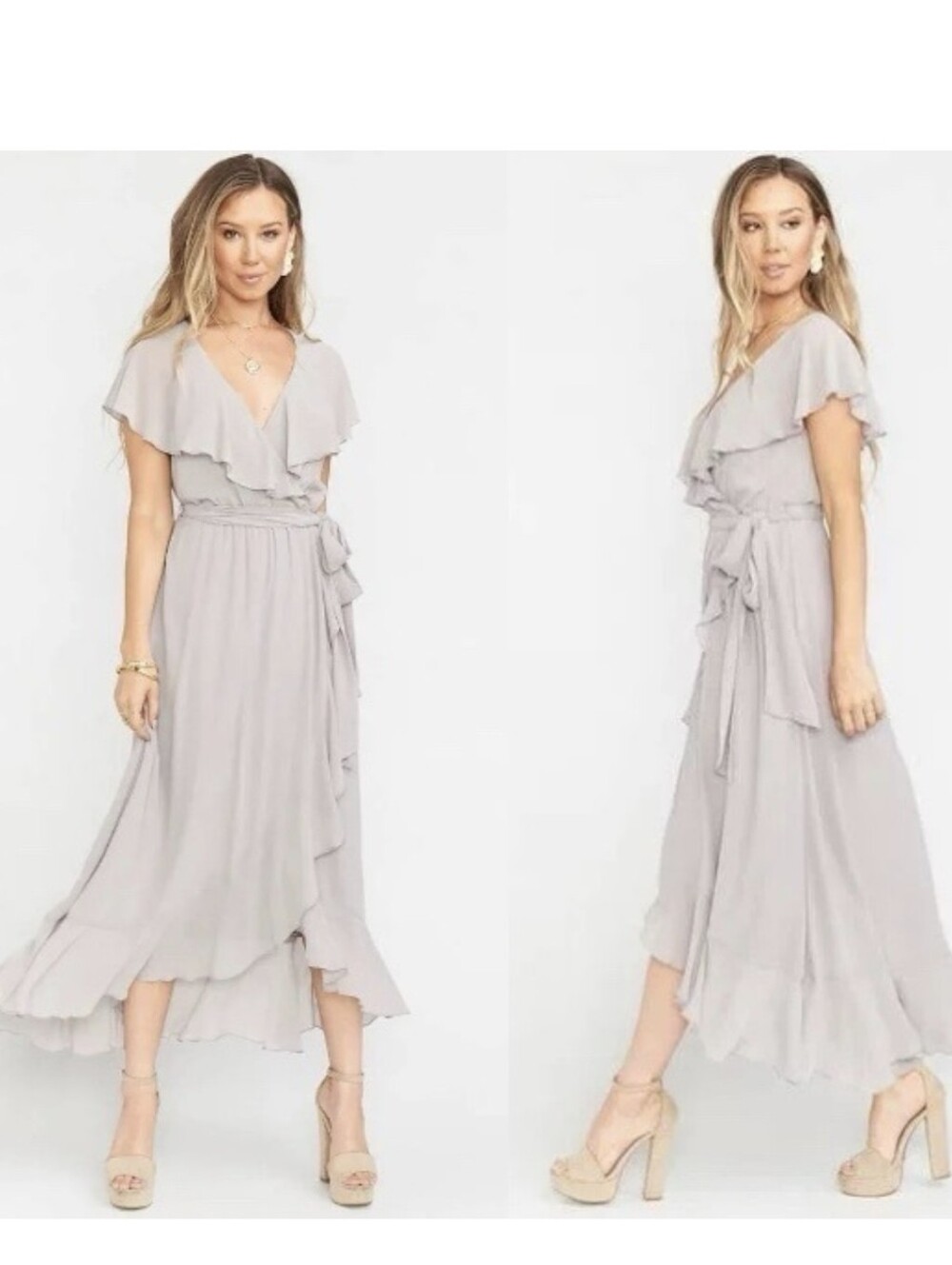 Show Me Your Mumu Jess Ruffle Midi Dress Light Gray Large